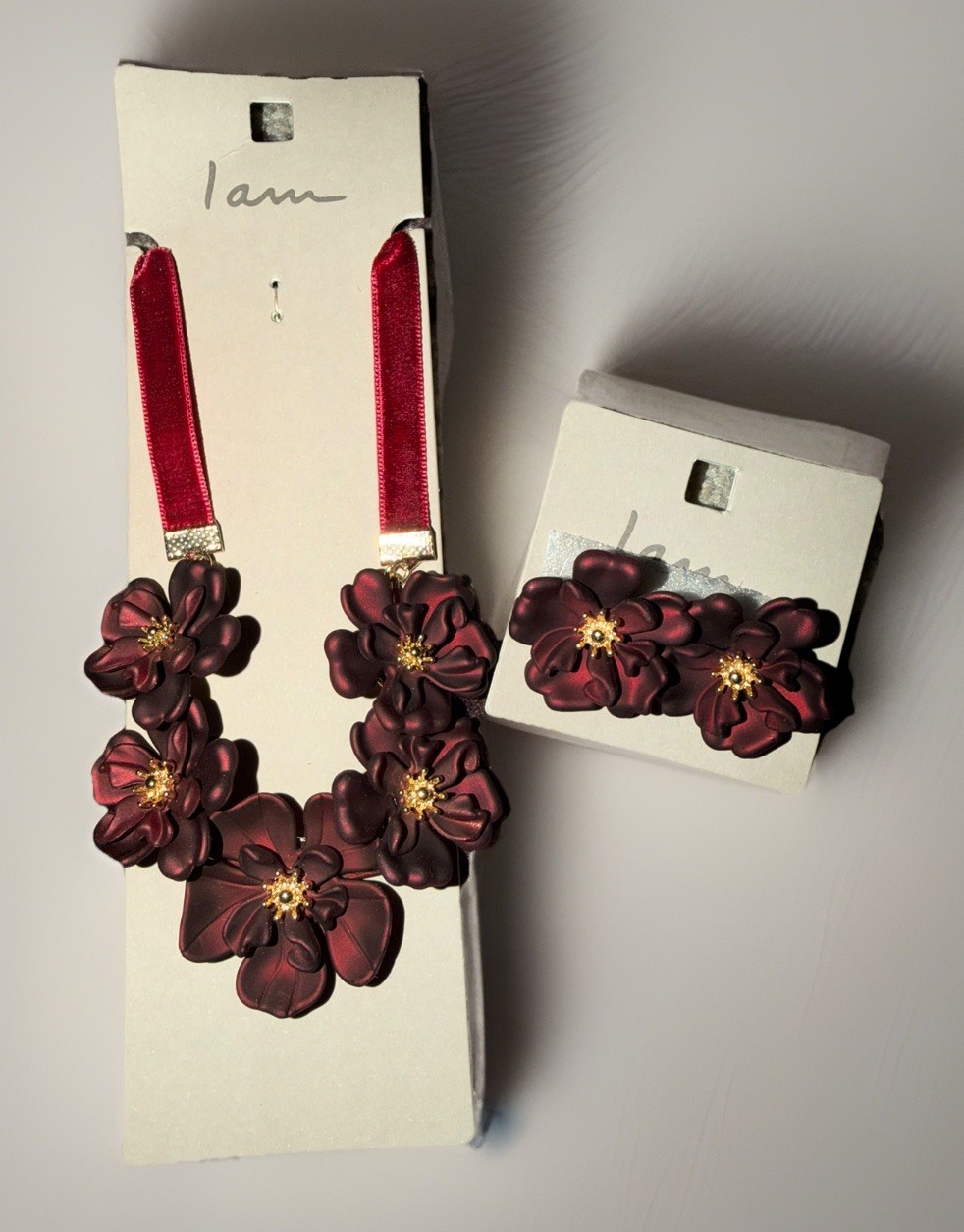 I Am Red Burgundy Flower Necklace And Earrings Gold Tone Jewelry Set New Gift