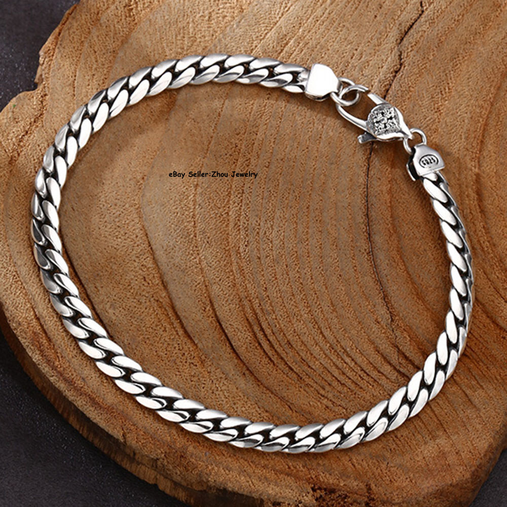 Pure S925 Sterling Silver Chain Vajra 5mm Smooth Curb Link Bracelet 7.1-7.9inch