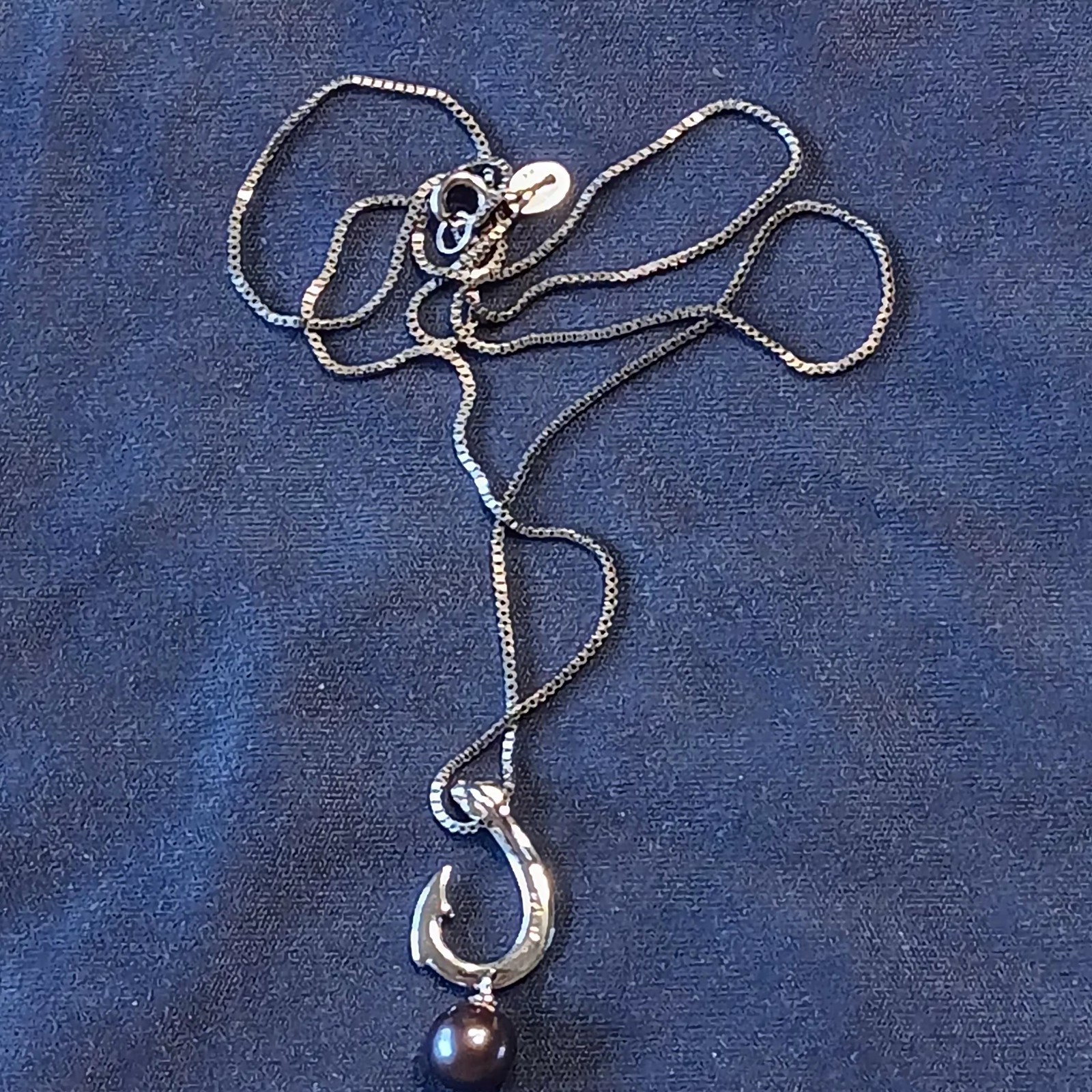 14K White Gold Fishing Hook/Natural Pearl Pendant 925 Silver Chain Nice1