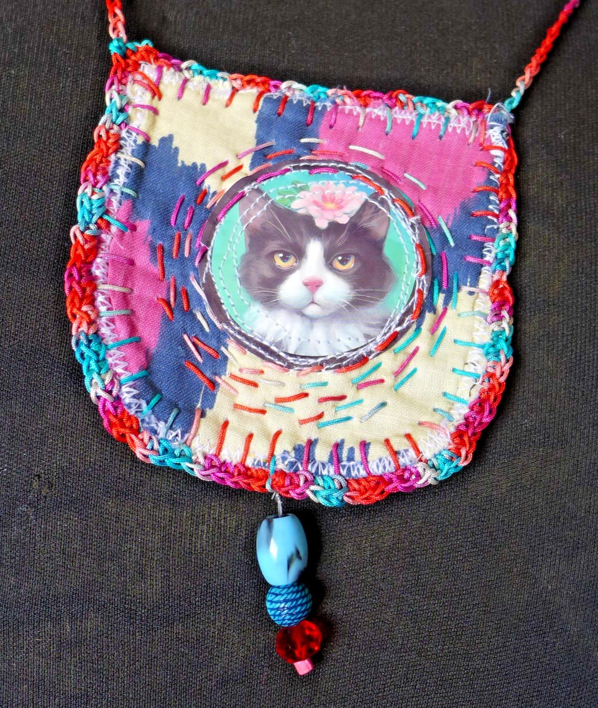 Handmade Crocheted art Necklace Cotton Fabric embroidered crocheted+ Beads