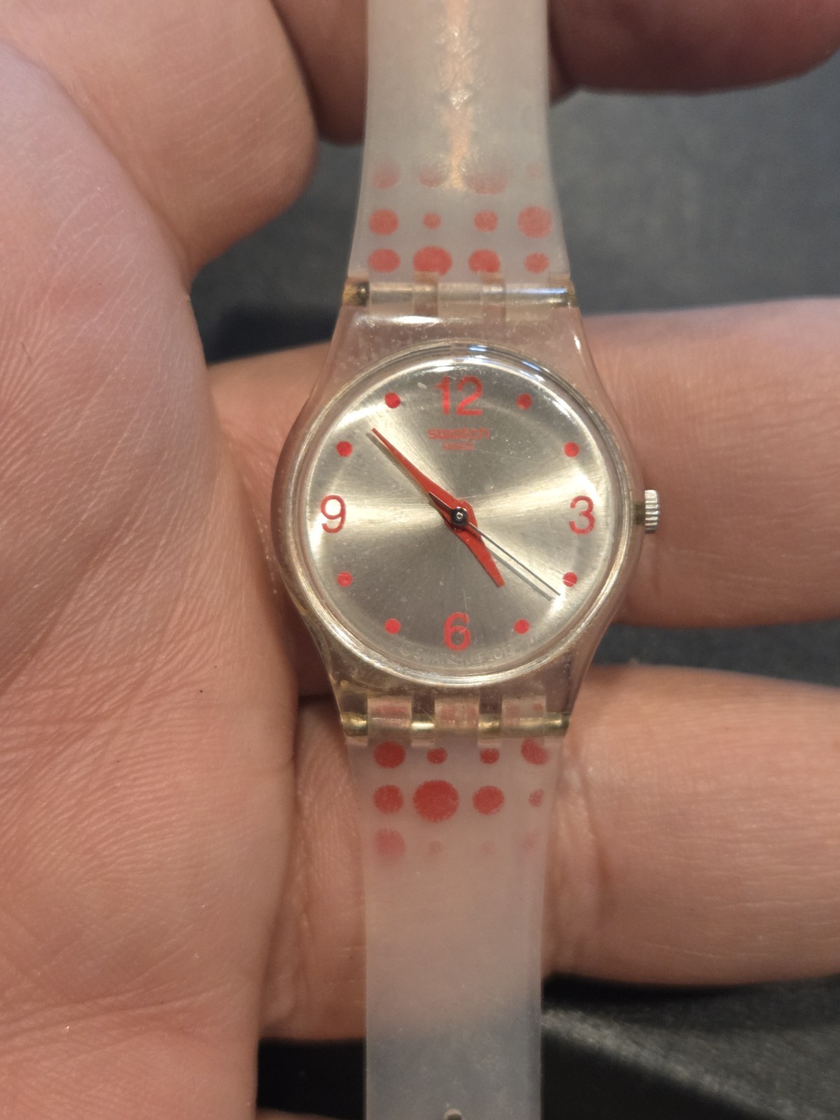 Vtg Swatch Watch 80’s 90’s Rare Red Darling 8″ Quartz Polka Dot Transparent C201