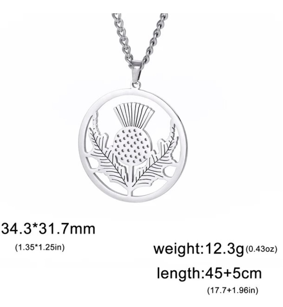 Stainless Steel Thistle Necklace with 45 cm (18 in) Curb Chain plus 5cm extender