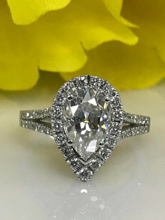 2.4ct Pear Cut Moissanite Halo Split Shank Engagement Ring White Gold Plated