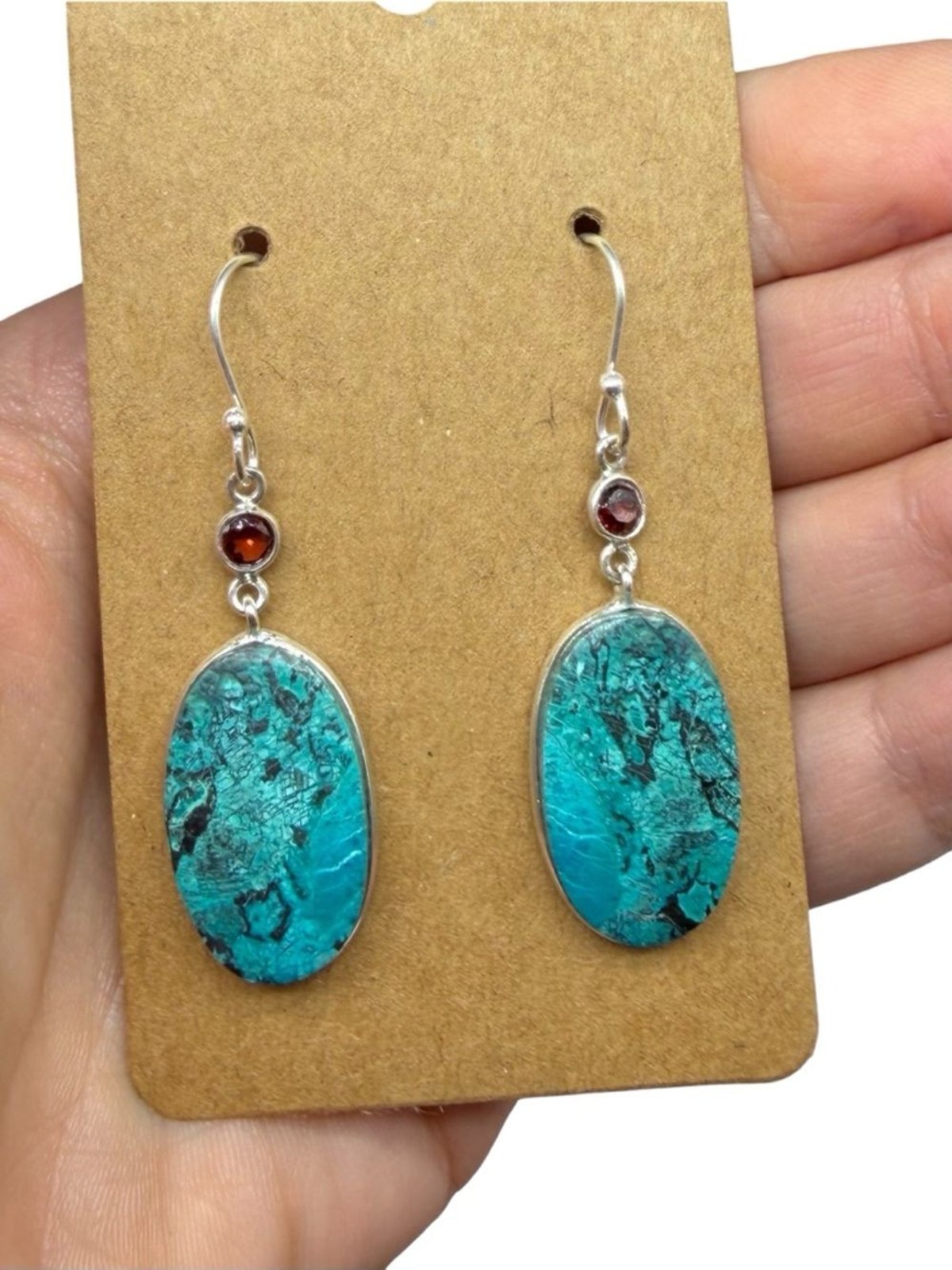 Shattuckite & Hessonite Garnet Earrings Solid 925 Sterling Silver