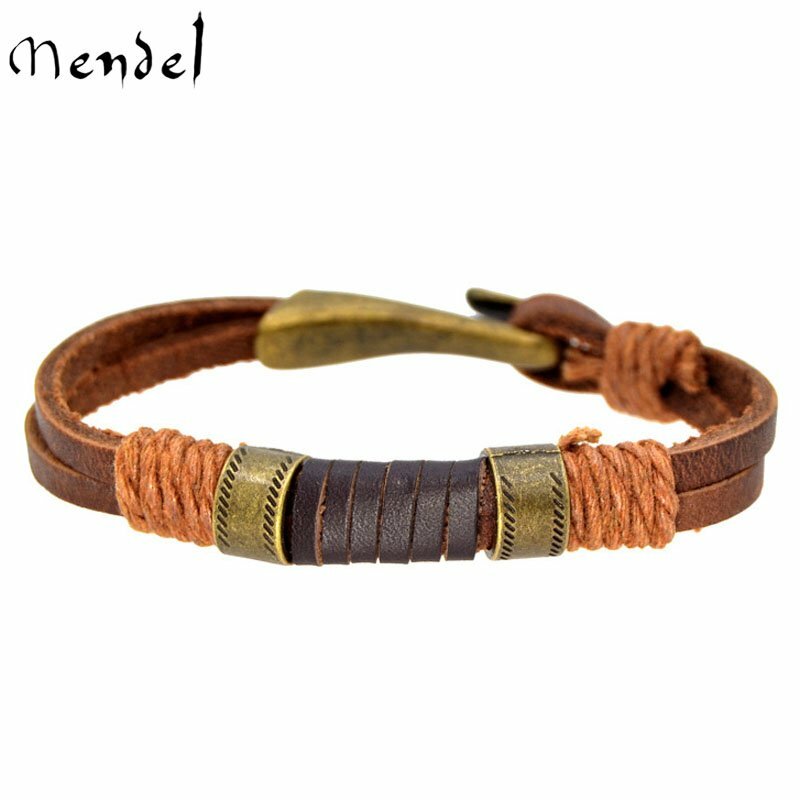 MENDEL 8 Inch Mens Simple Cowboy Copper Leather Bracelet Wristband Cuff For Men
