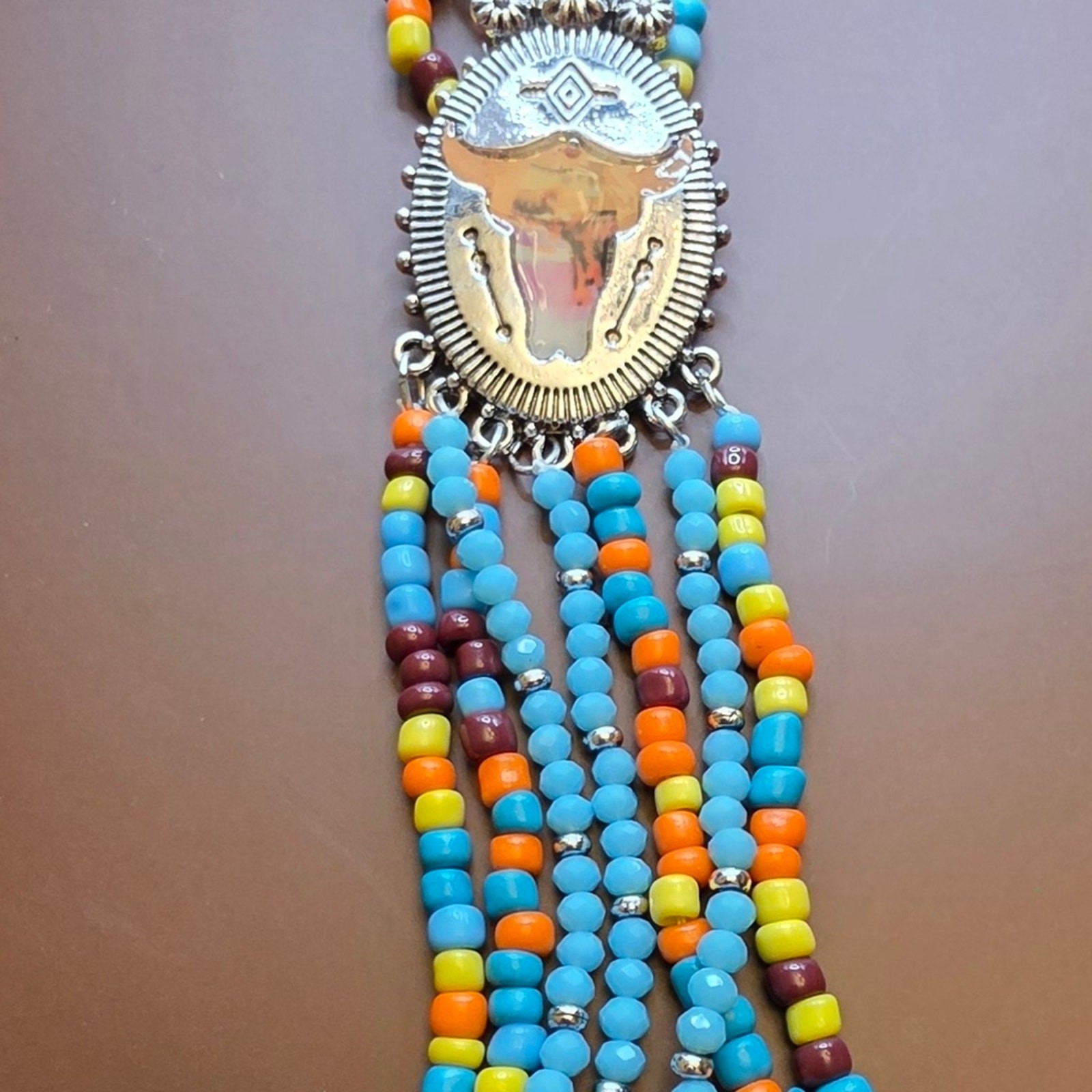 Boho Silver Bull Pendant Beaded Necklace in Turquoise & Orange