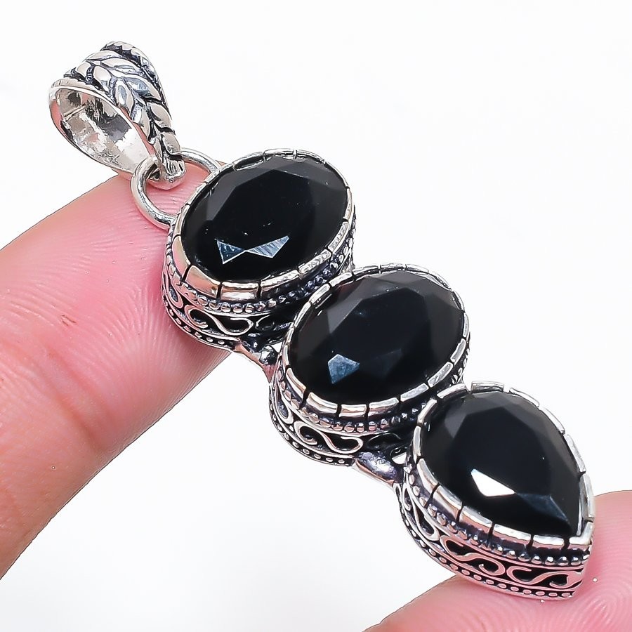 Black Spinel Gemstone Handmade 925 Sterling Silver Jewelry Pendant Size 2.02″