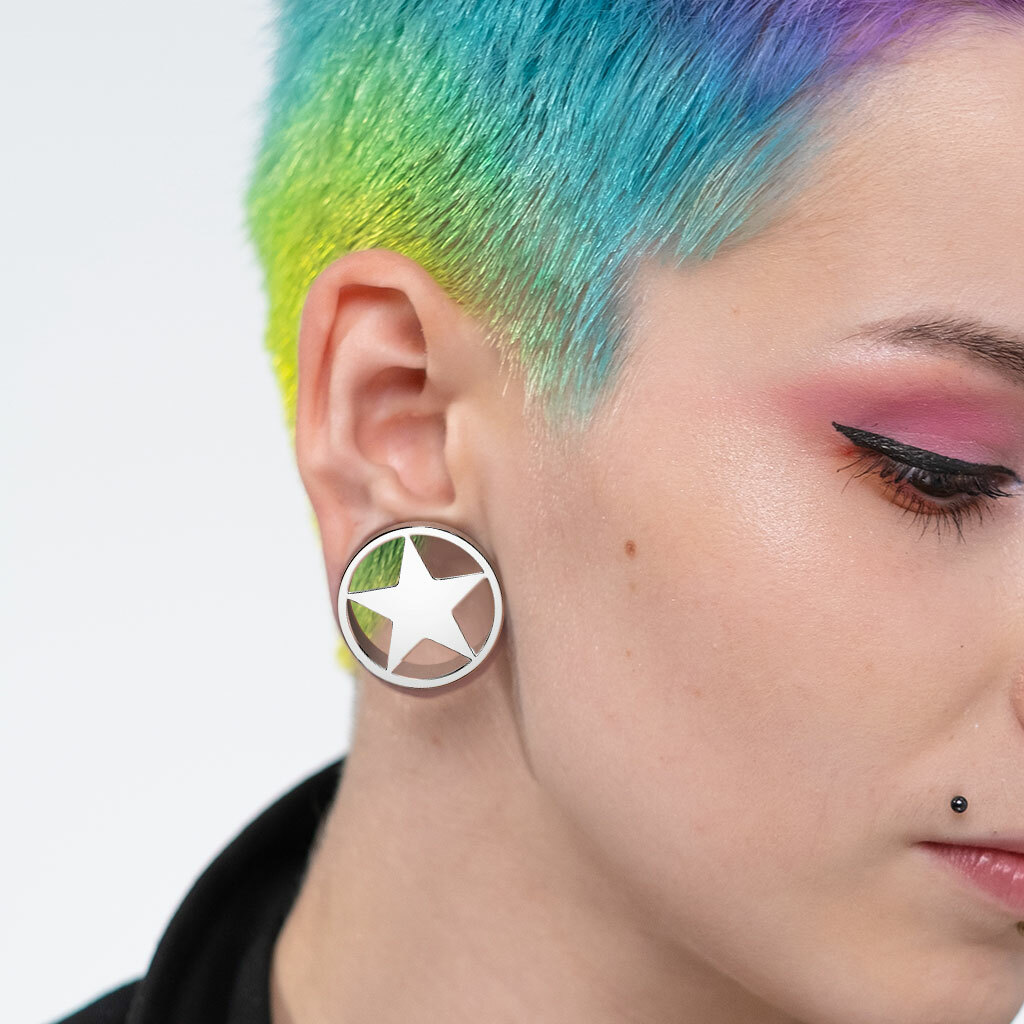 PAIR Surgical Steel Star Screw Fit Tunnels Ear Plugs Earlets Gauges Body Jewelry