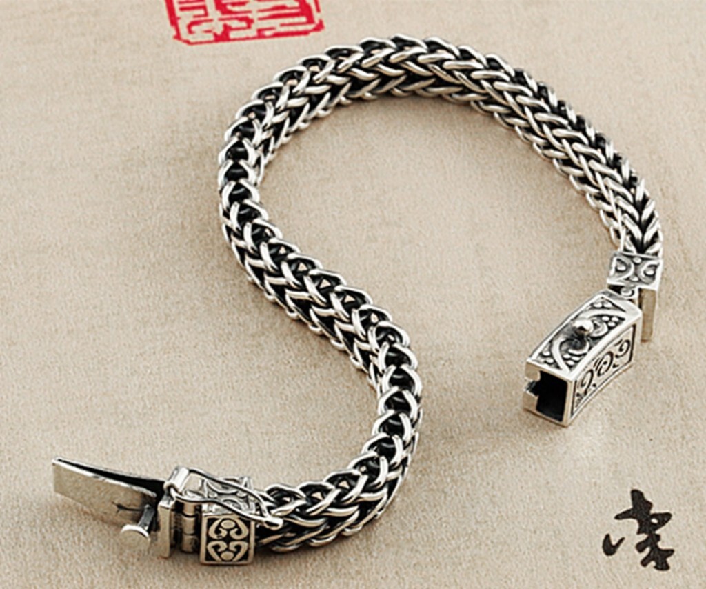 Men 40g 925 Sterling Silver Vintage Silver Dragon Braid Chain Bracelet 8.5″