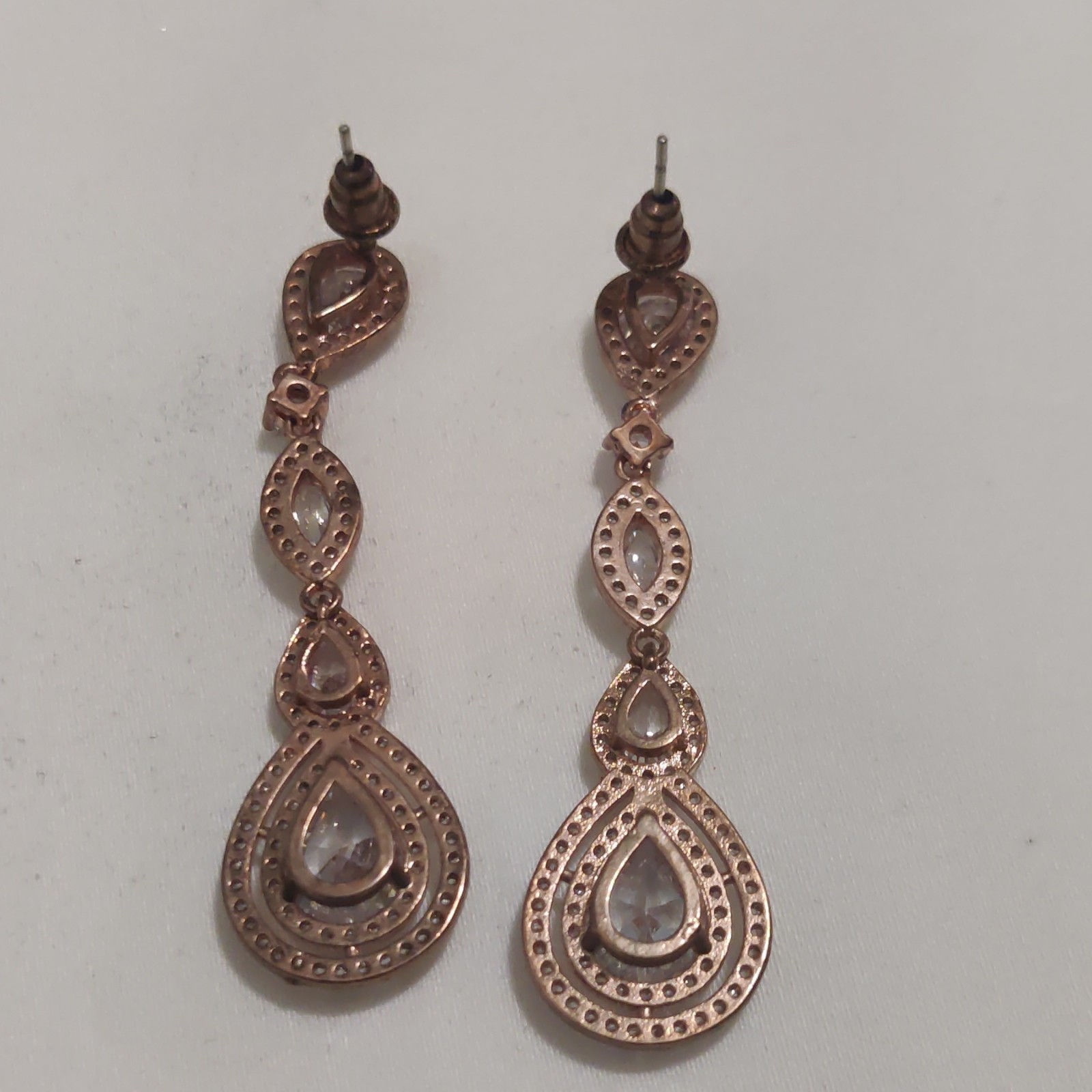 Rose Gold Plated Teardrop Stacked Dangle/Drop Earrings, Clear Crystal, Butterfly