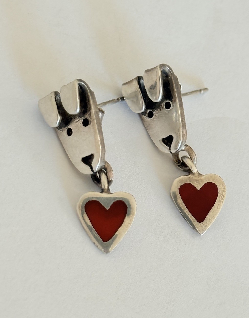 Vintage Anne Jane Harvey Mexico Sterling Silver Dog Puppy Heart Dangle Earrings