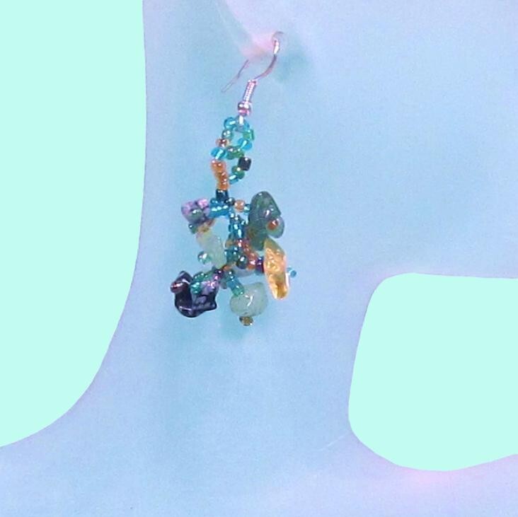 1 1/2″ Aqua Blue Green Stone Chip Handmade Dangle Seed Bead Drop Style Earrings