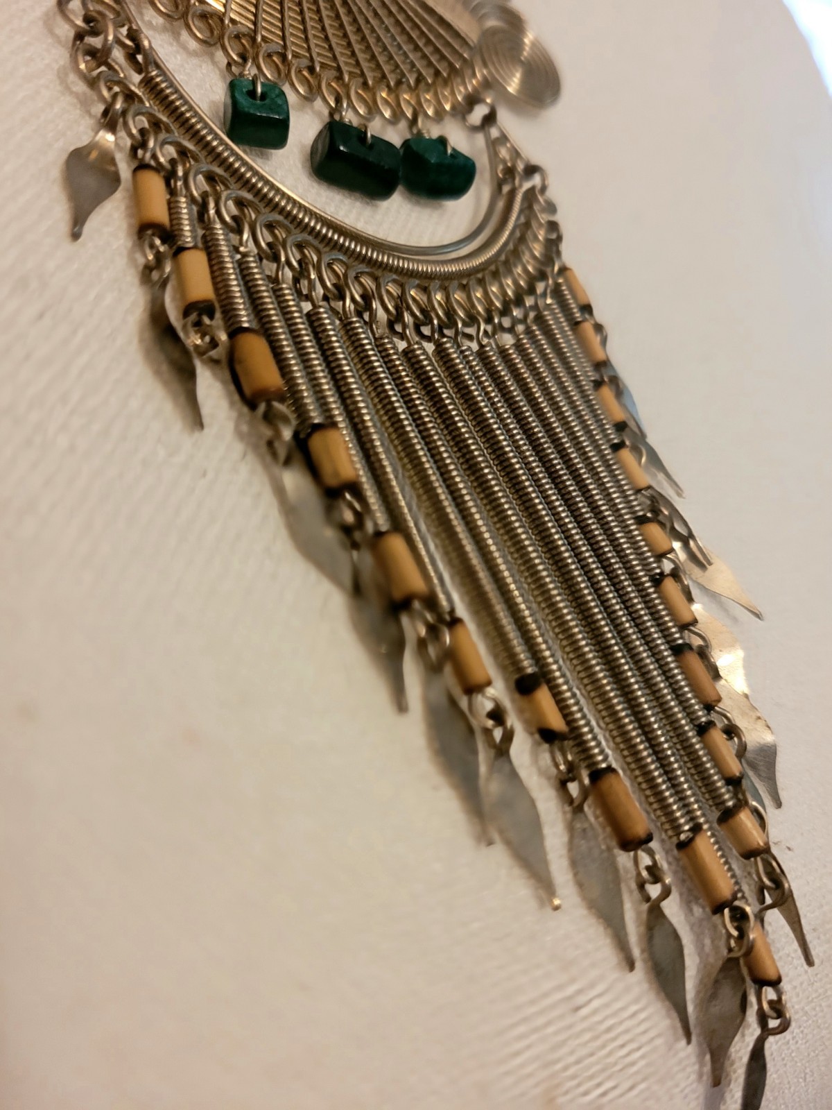 Chrysacolla Peruvian Silver Toned Statement Necklace Green Teardrop Pendant Hook