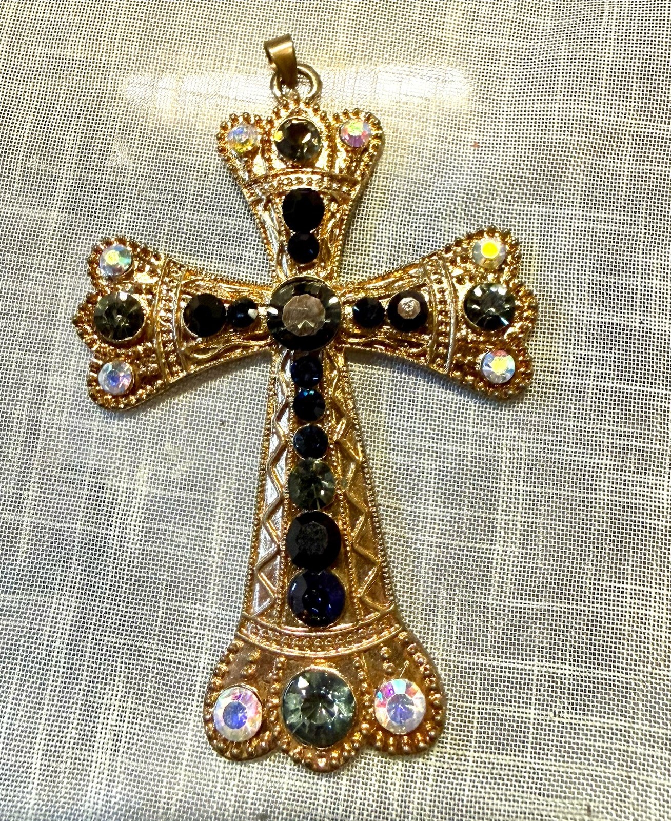 VTG.Large Gothic Cross Pendant Blue Gray Rhinestone Gold Tone Medieval Revival