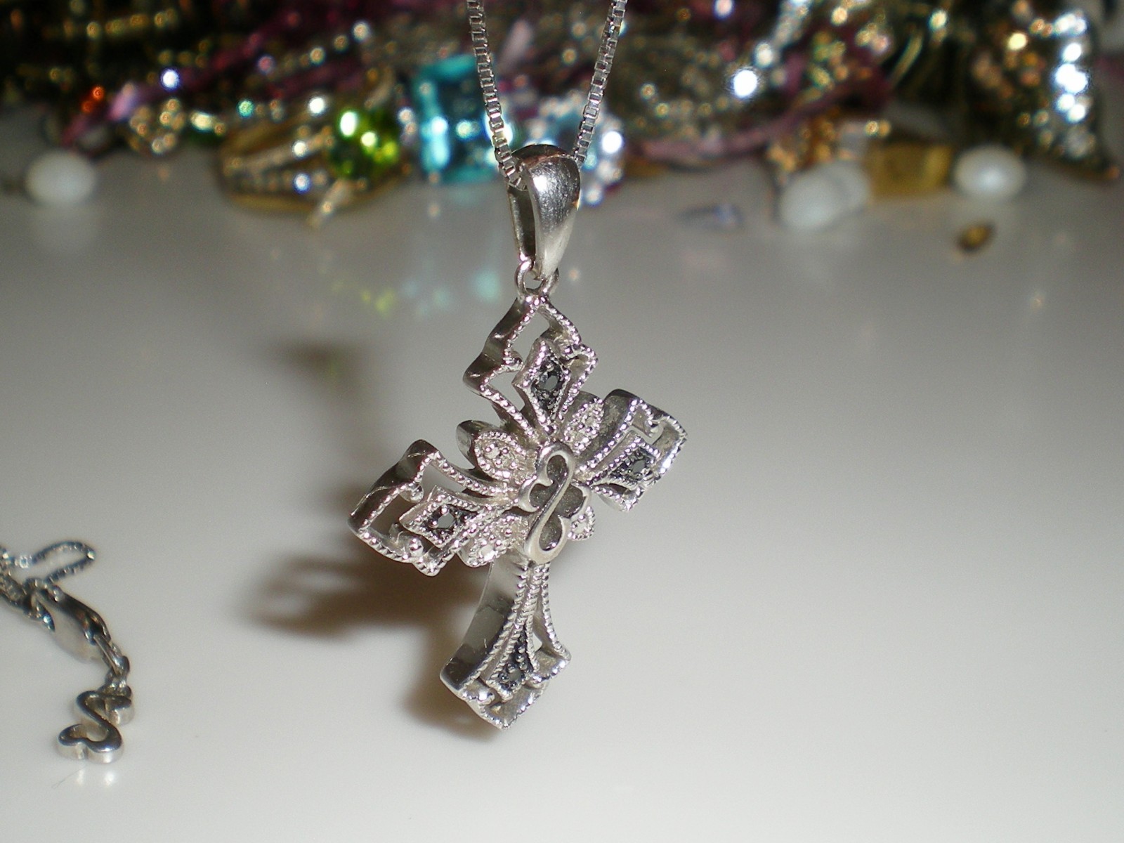 Jane Seymour SS Open Hearts Gothic CROSS 1/6ct Diamond Necklace 💎 KAY BOX 💎