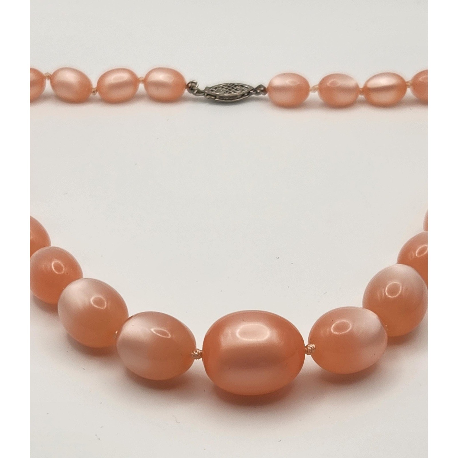Vintage Pink Moonglow Graduated Lucite Necklace, Sterling Silver Clasp