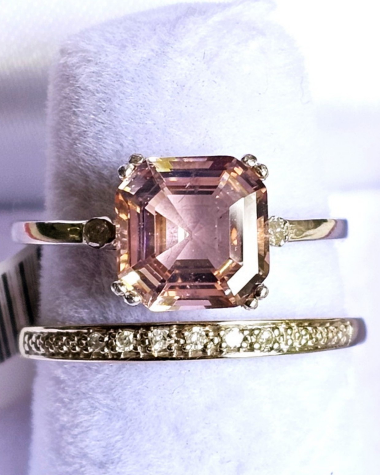 10k White Gold Pink Peach Morganite Solitaire & Diamond Band Ring Set Size 7