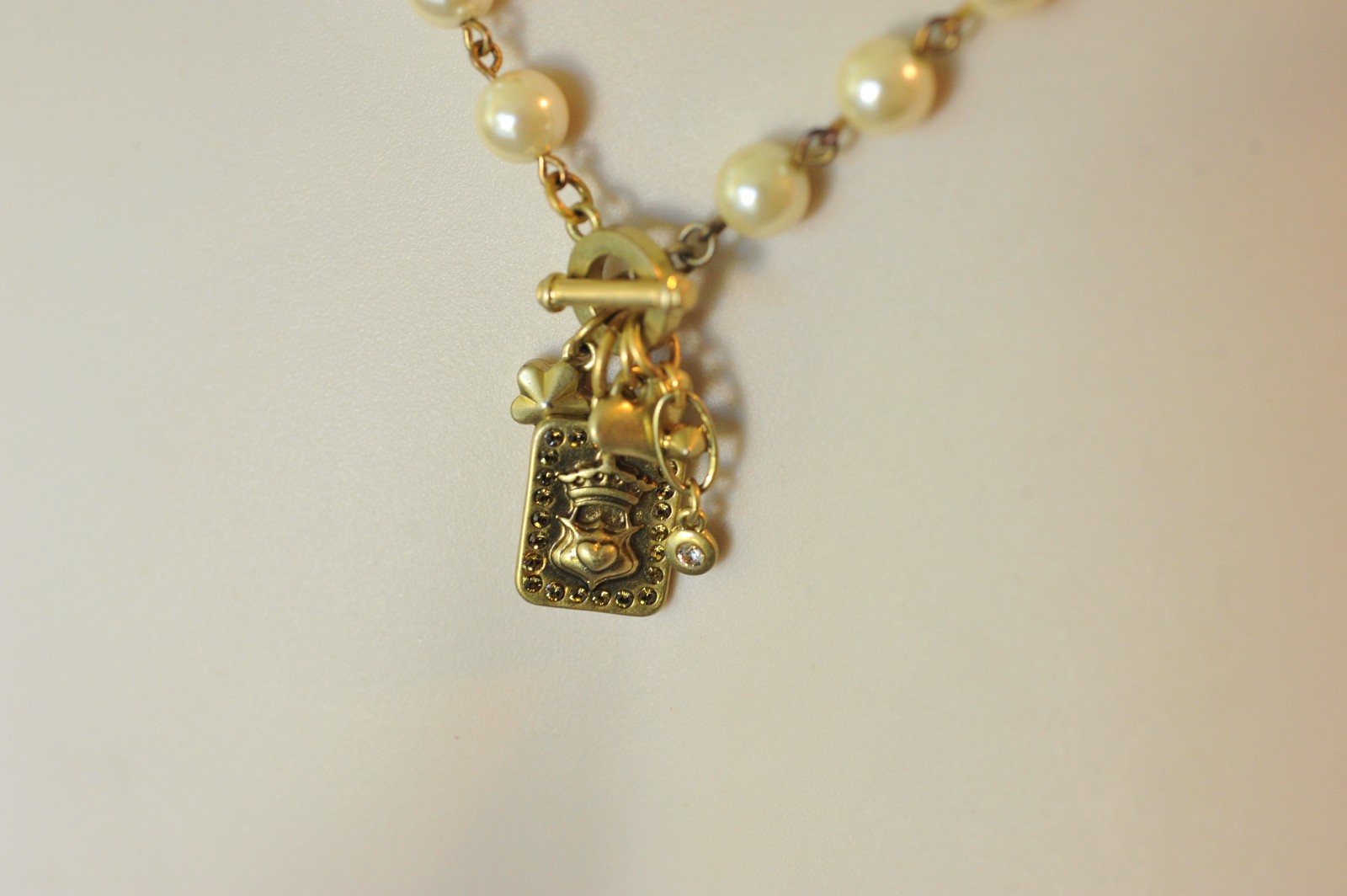 CAbi Necklace Gold Tone Rhinestone Faux Pearl charms dangle statement A