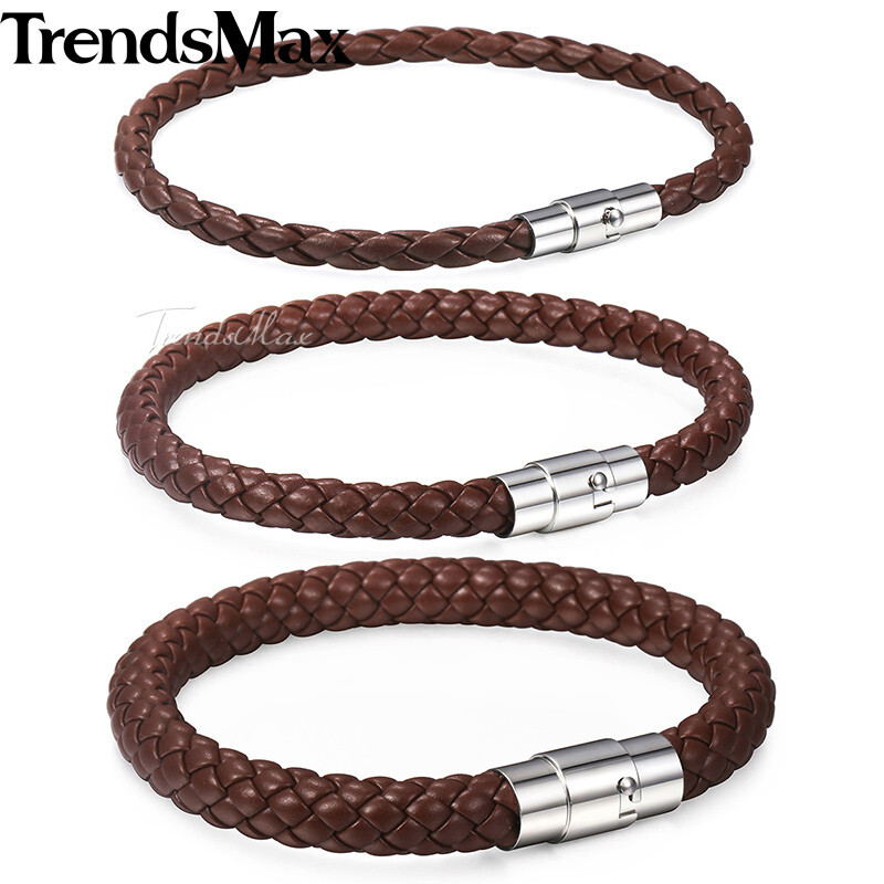 4/6/8mm Brown Black Braided Cord Rope Man-made Leather Bracelet Magnetic Clasp