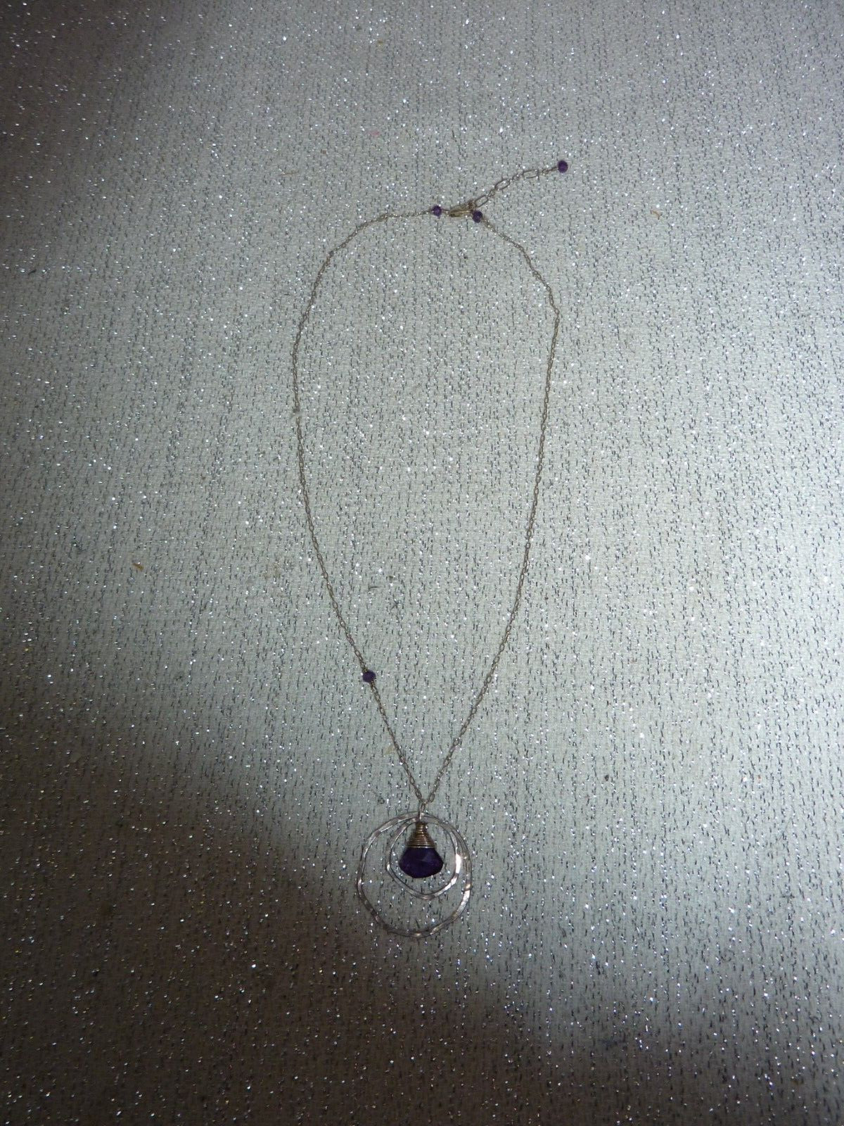 Gorgeous Amethyst Chips Hammered Sterling 925 Double Circle 925 Necklace 16-18″