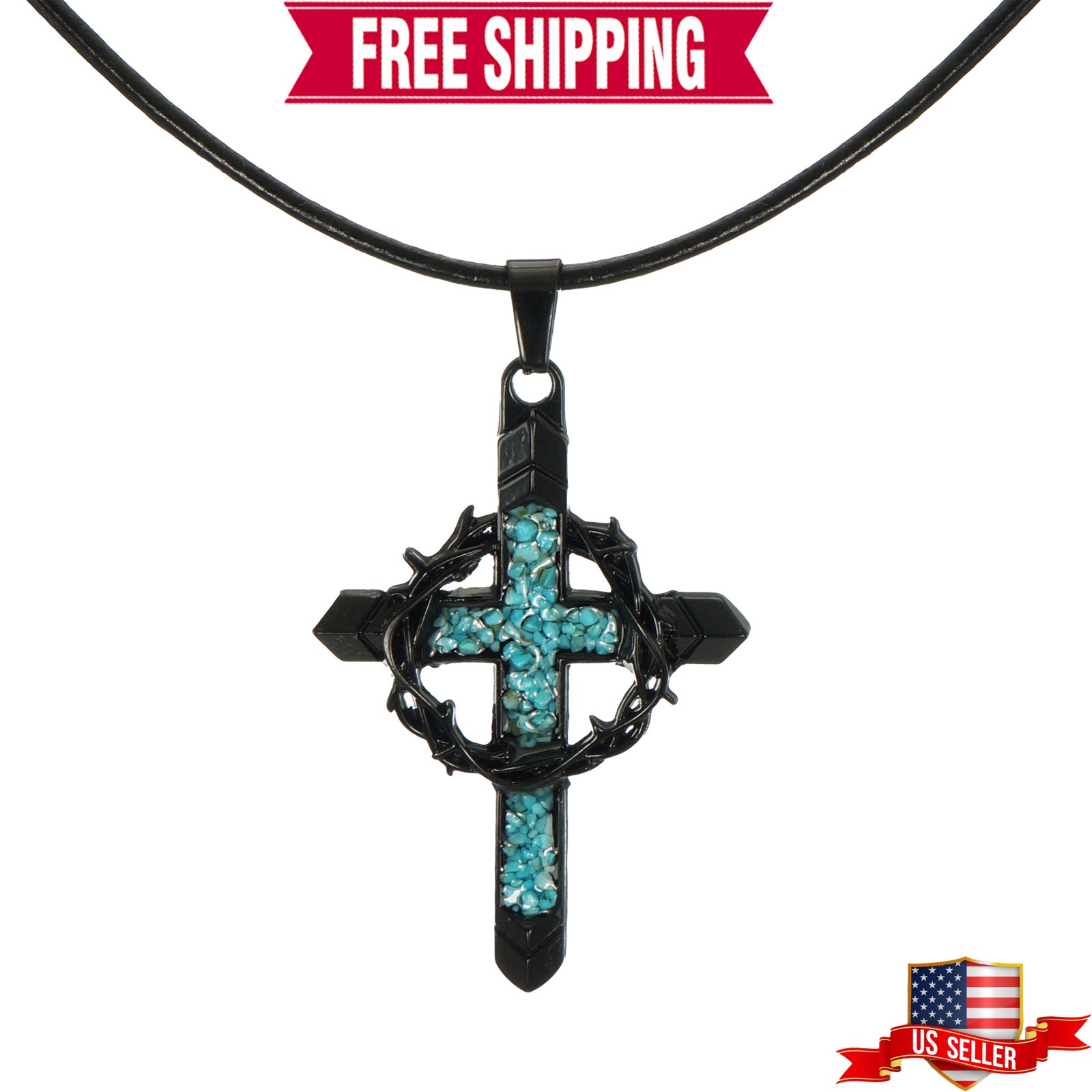 Black Cross & Crown of Thorns Pendant Turquoise Inlay Leather Cord Necklace