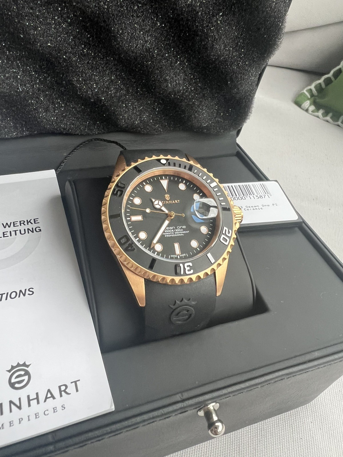 Steinhart Ocean One PINK GOLD 42mm Black Silicone Auto Swiss Dive Watch 103-0893
