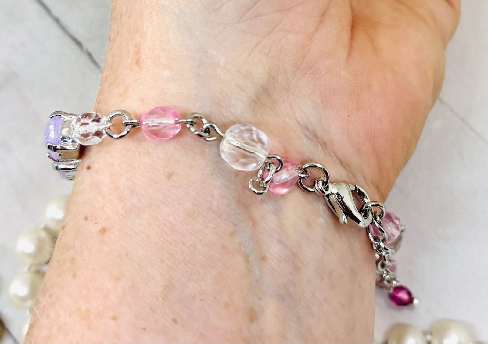 8mm Shiny Silver Plated Beaded Pink Opal Crystal Tennis Cup Chain Bracelet