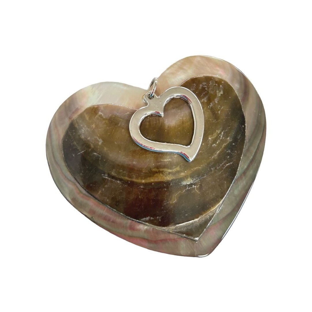 Heart Shaped Shell Silvertone Statement Pendant Brown 2.5″