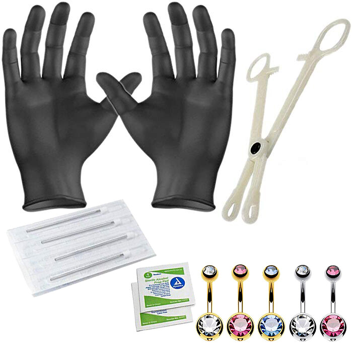 Professional Belly Button Piercing Kit Steel and Gold Anodized 14G Set 13 Pcs