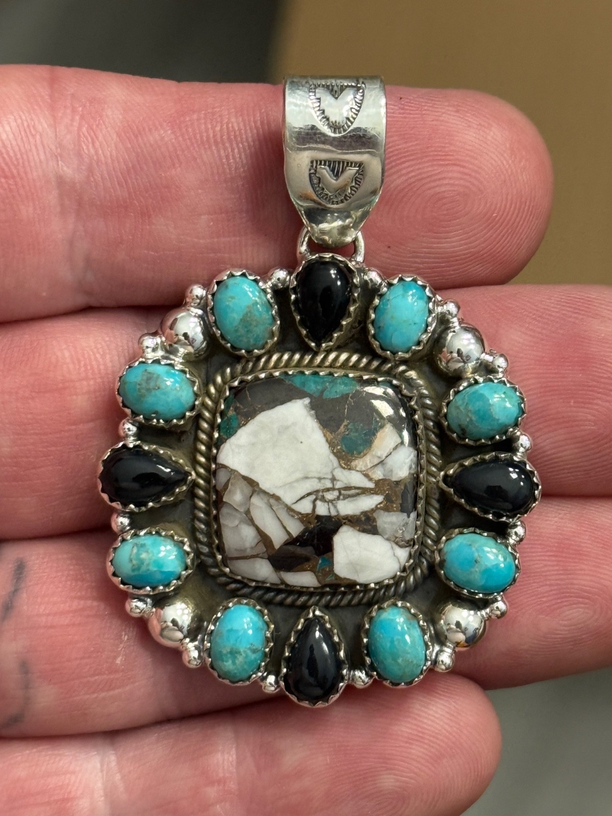 STERLING SILVER TURQUOISE WHITE BUFFALO MIX ONYX BIG CLUSTER DOME PENDANT .925