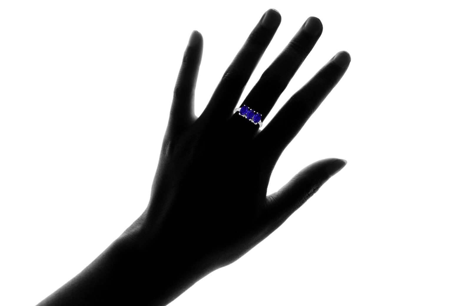 925 Sterling Silver 3.00 CTTW Created Sapphire Oval Cut Tri Stone Ring Size 6-9