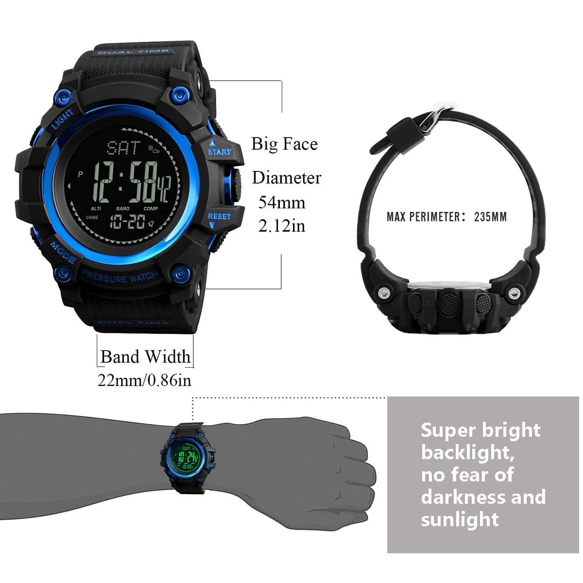 Digital Sport Watch 53mm Compass Altimeter Barometer Pedometer – Waterproof