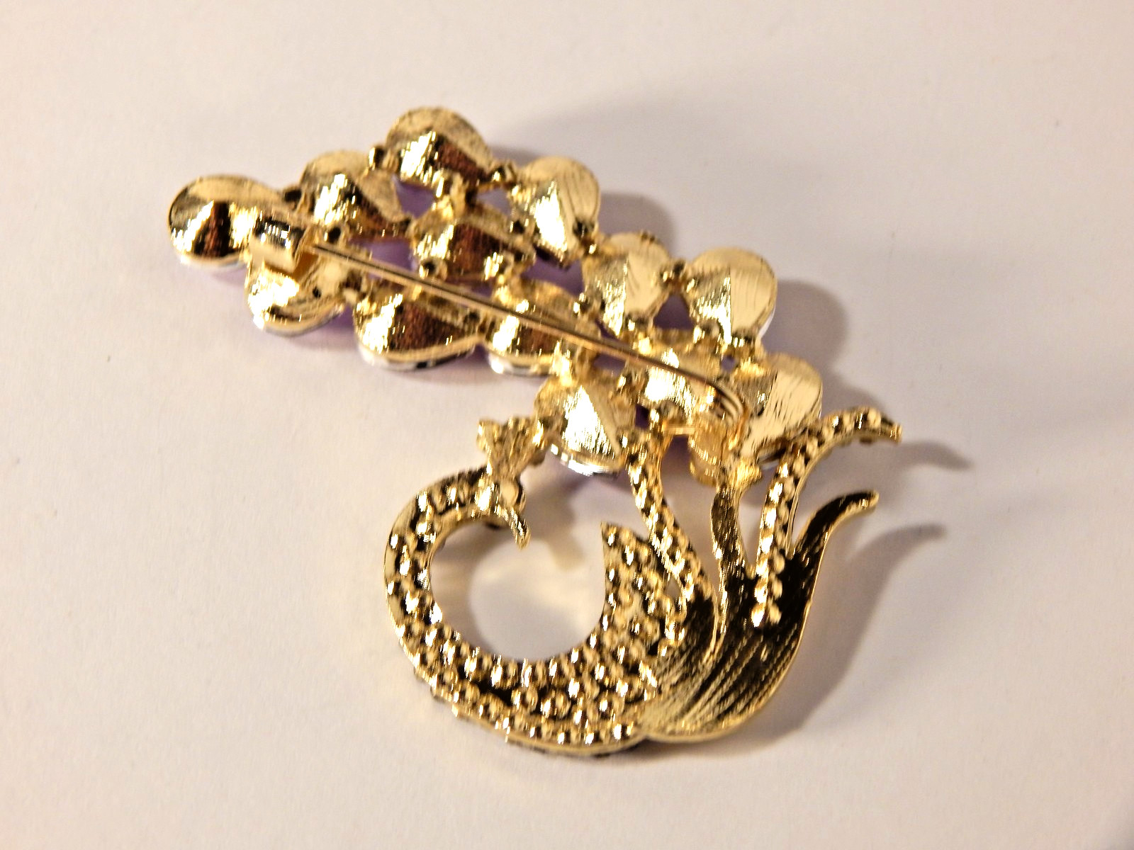 Classic Luxury Peacock Bird Gold Tone Brooch Pin Purple & AB Rhinestone Crystal