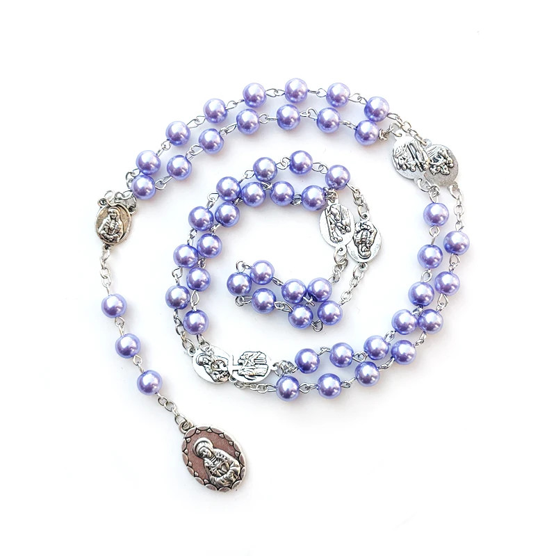 White Glass Pearl Rosary Seven Sorrows Pendant Necklace Long Beaded Catholic Pra