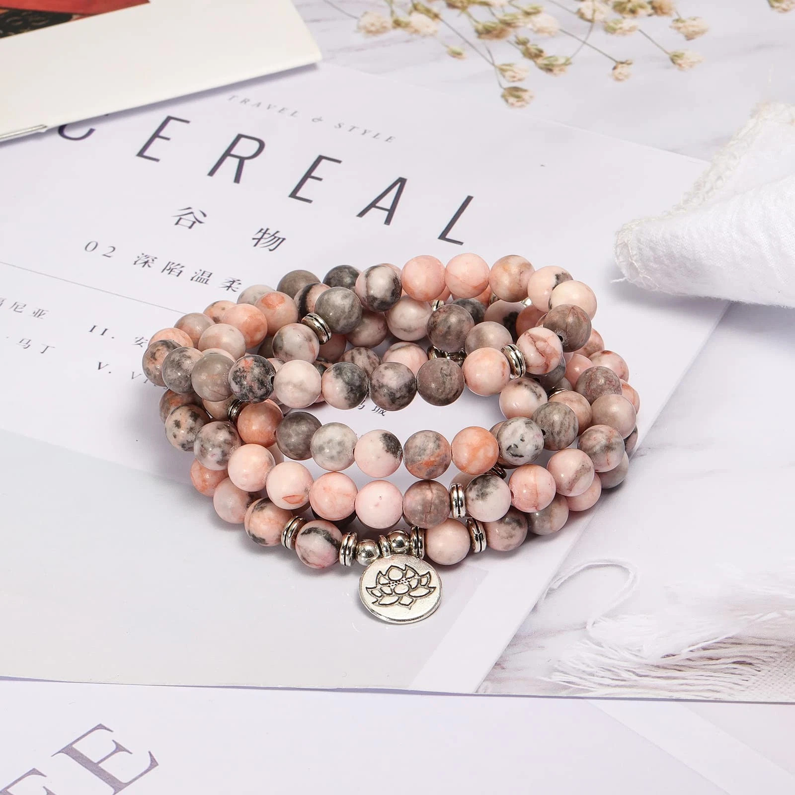 108 Mala Beads Wrap Bracelet Necklace 8mm Yoga Stretch Natural Stone Lotus Charm
