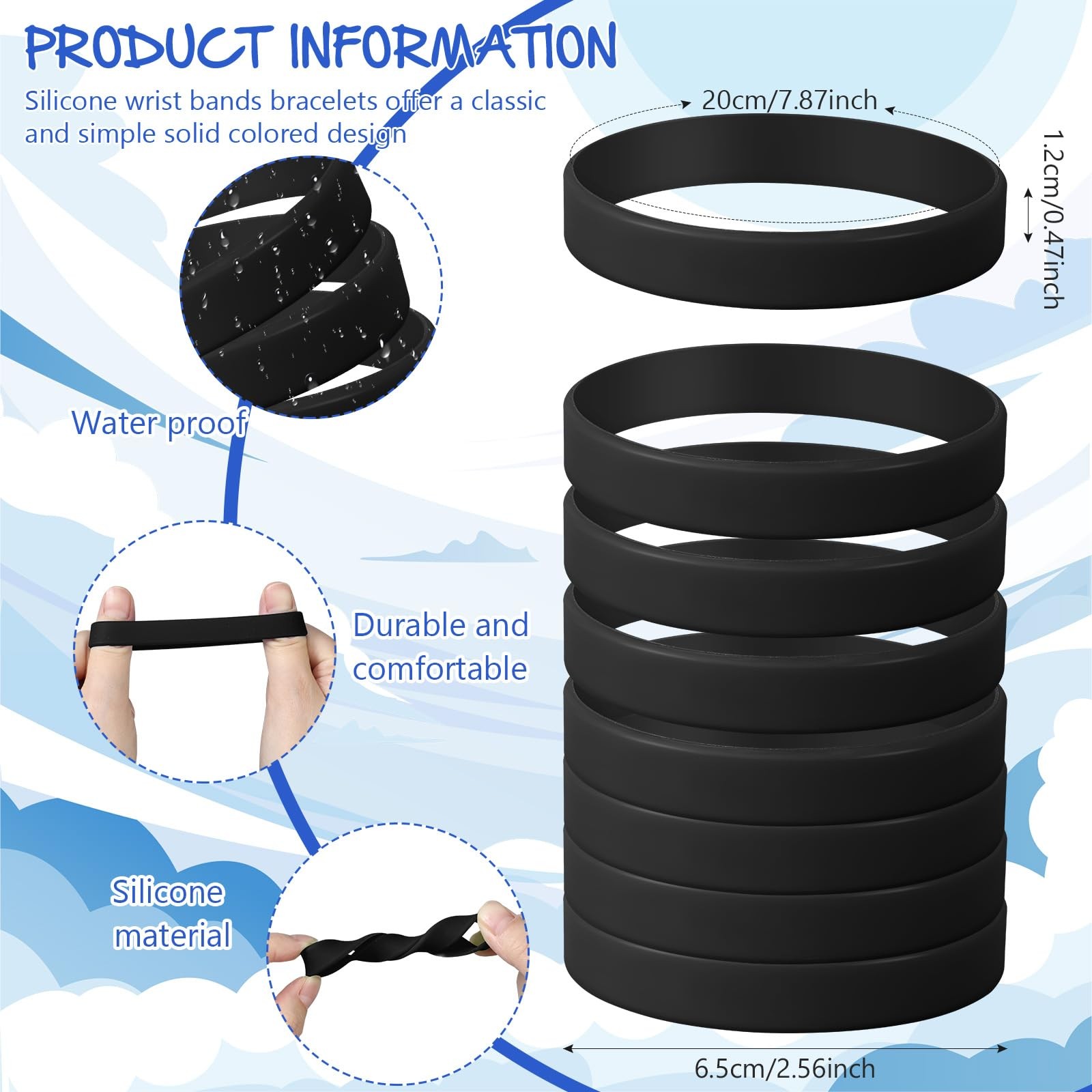 kymqlyw 24 Pcs Plain Silicone approx 7.95 x 0.47 x 0.08 inches, black-24