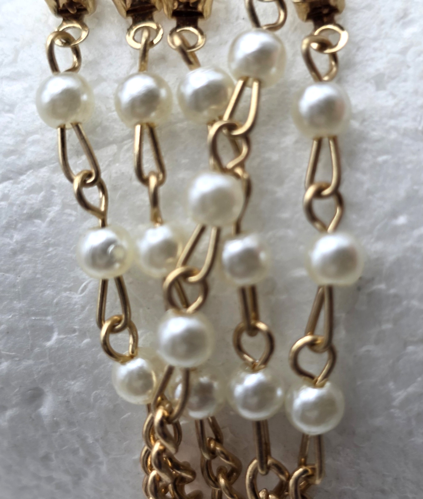 Gold Tone Clear Crystal White Faux Pearl 5 Strand Statement Bracelet 8-9.5 In