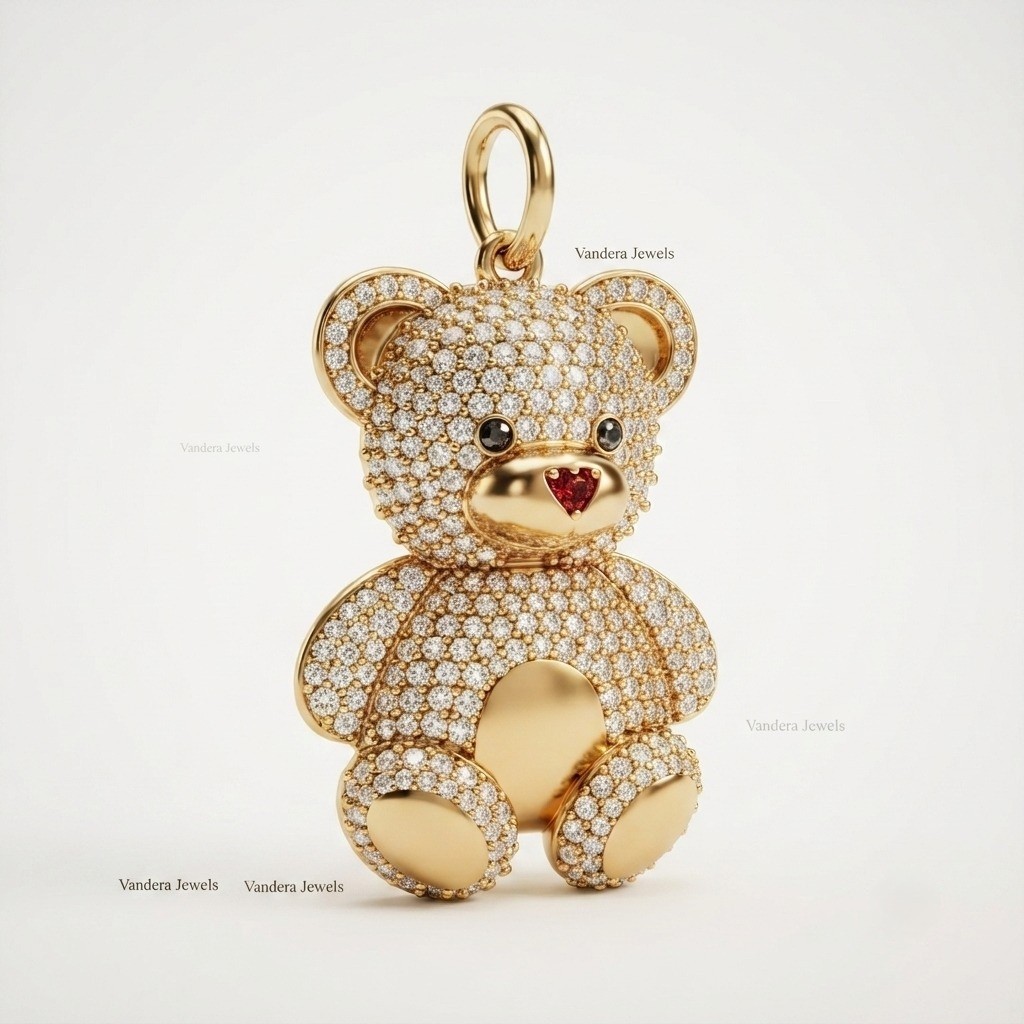 Iced Teddy Bear Pendant With Moissanite Bear Charm Made In 935 Argentium Silver