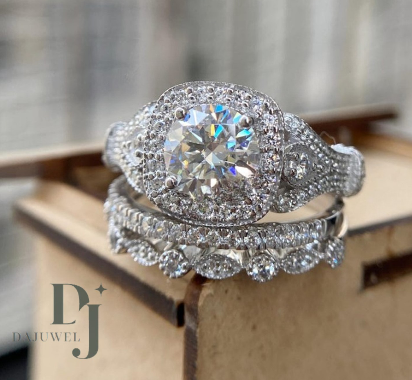 3.30 CT Round Cut VVS1 Moissanite Trio Set Engagement Ring Solid 14K White Gold