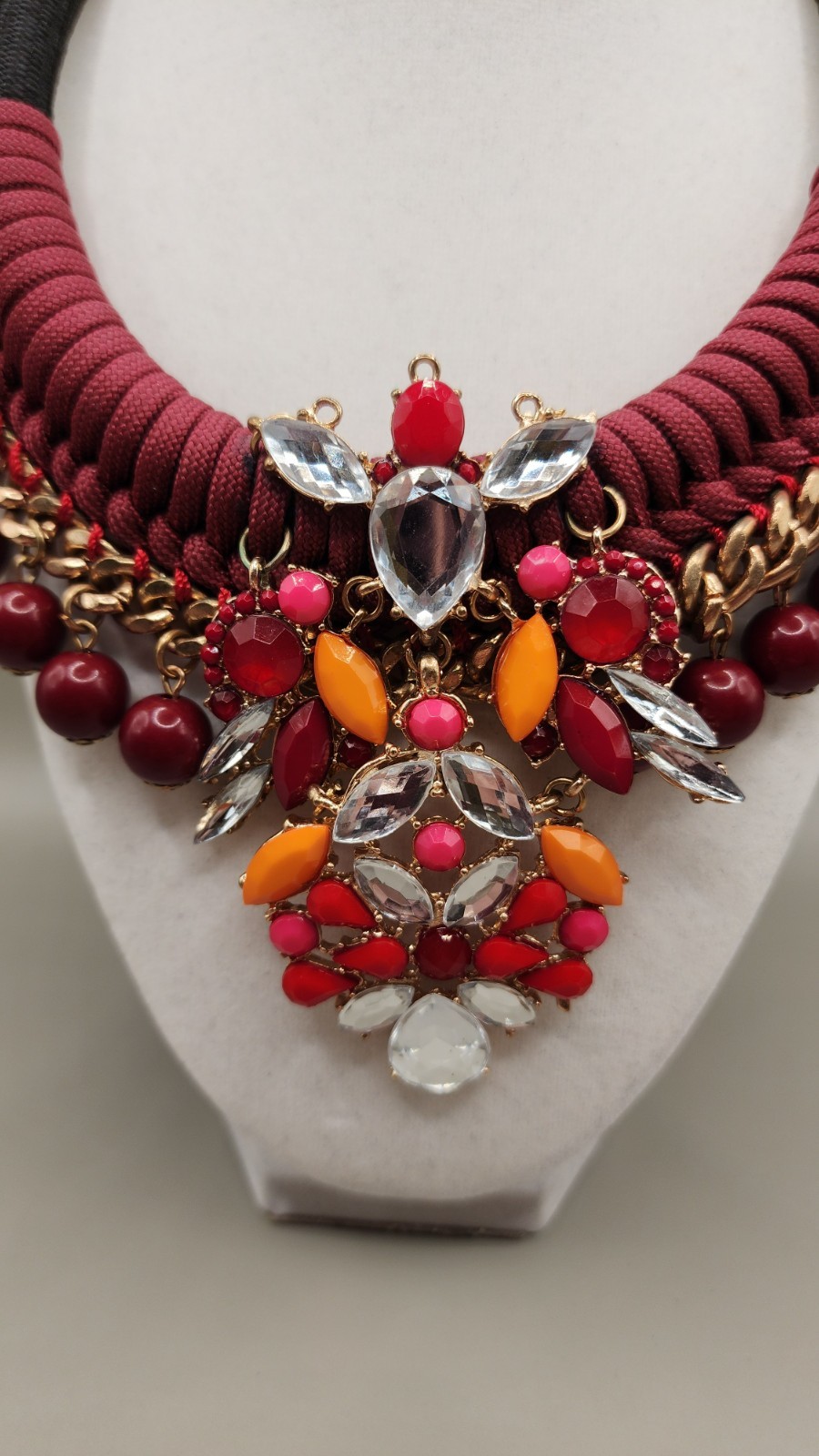 You & I Chunky Statement Bib Necklace Red Orange Crystal Rhinestone Mixed Media