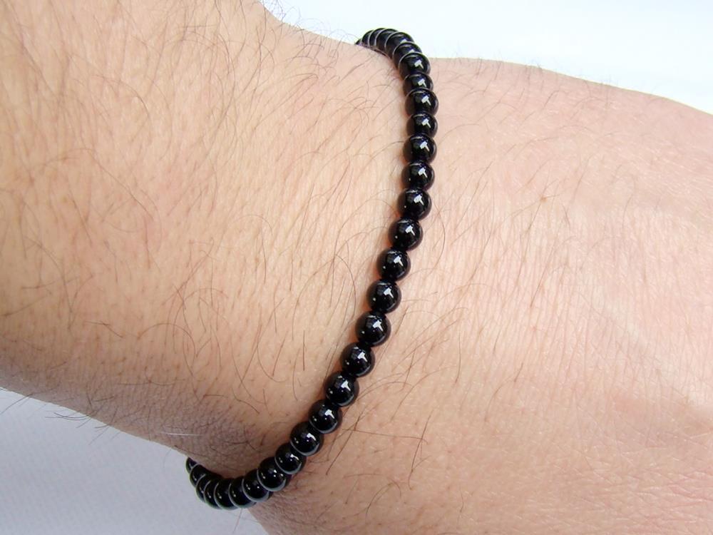 Delicate Men’s Macrame beaded Bracelet 4mm BLACK AGATE gemstone beads 8inch
