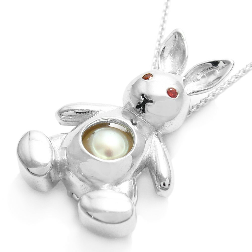 925 Sterling Silver 0.02 Carat Red CZ Bunny Pearl Cage Pendant & Necklace