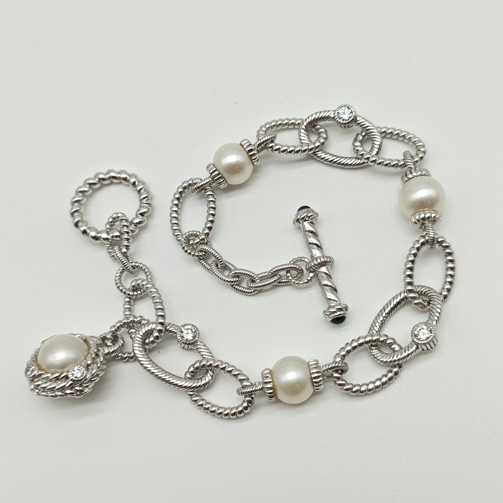 QVC Judith Ripka Sterling Silver 925 Pearl & CZ Station Bracelet 8.25″
