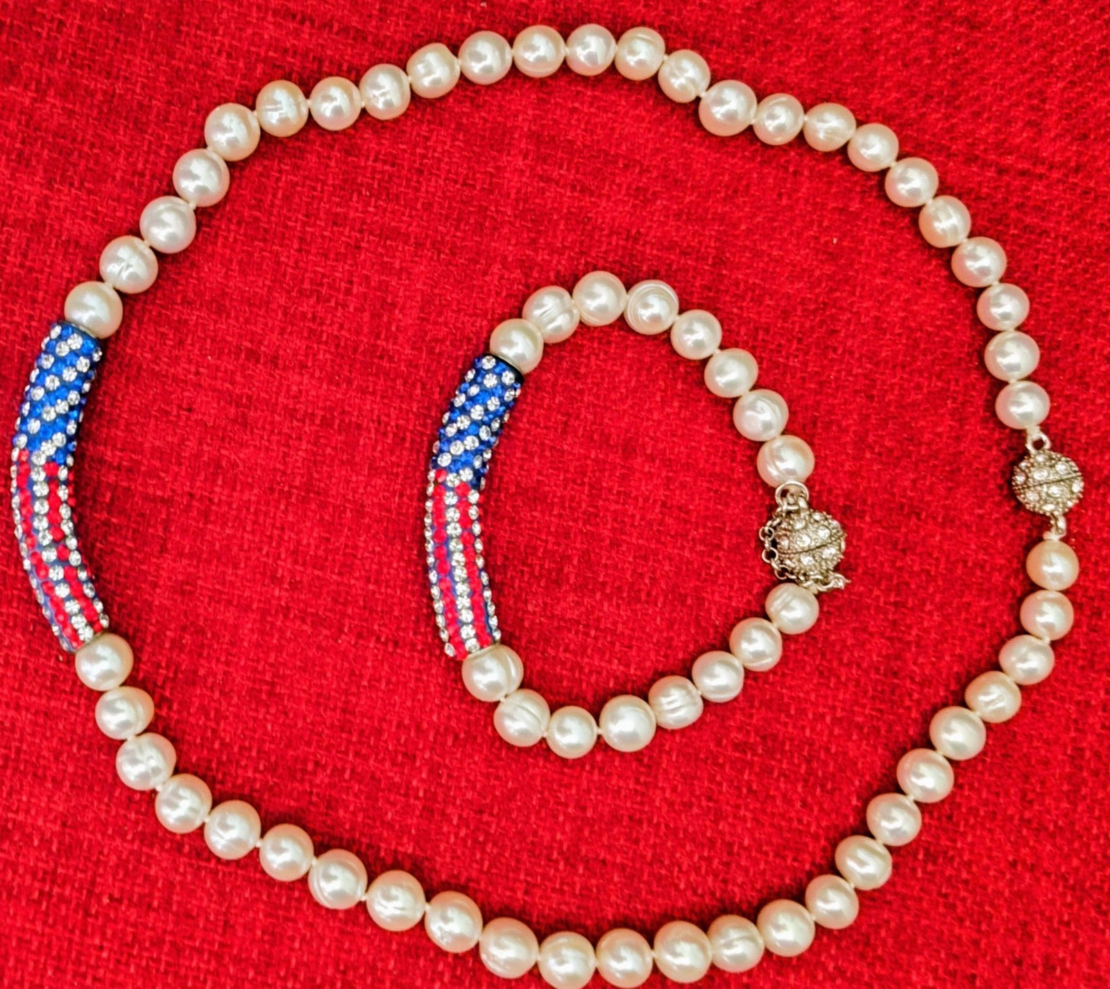 Patriotic Pearl Necklace and Bracelet featuring the U.S. Flag magnetic closure