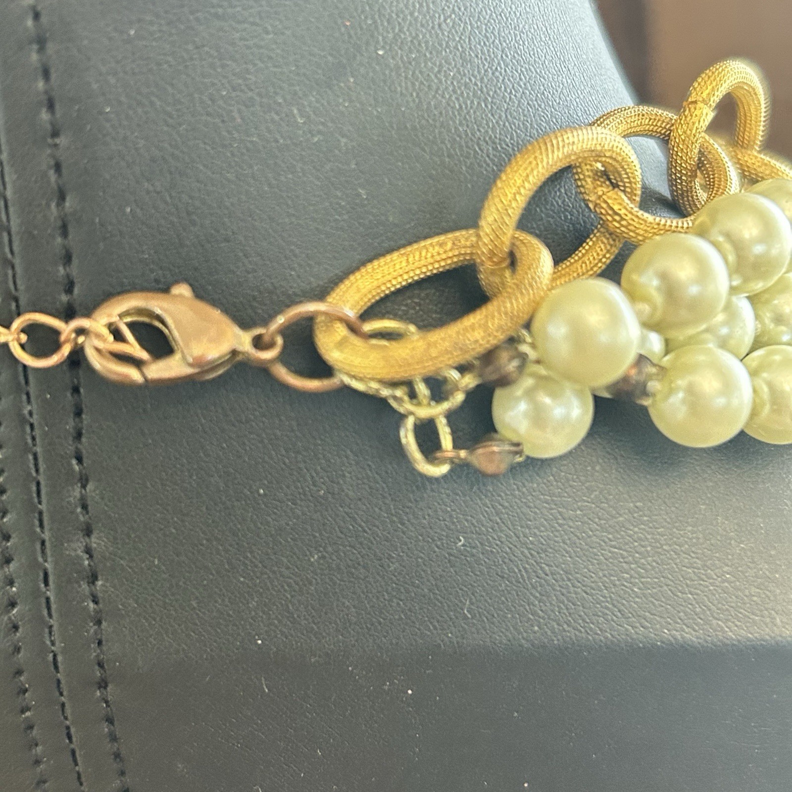 Gold Tone Multi-Strand Simulated Cream Pearl Link Chain Coin Pendant, Lobster