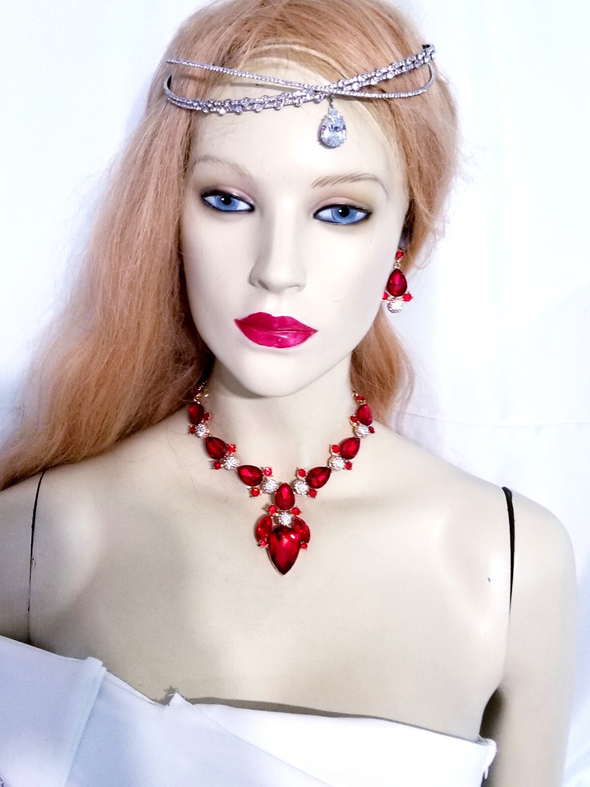 Red Crystal Choker Rhinestone Necklace Earring Set Bridal Prom Pageant