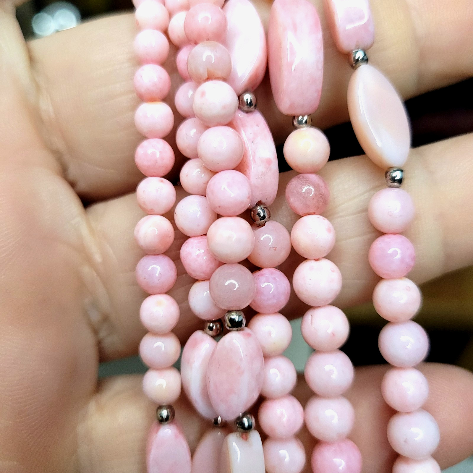 New JTV 925 Marquise Pink Opal gemstone Bead Necklace Triple 18-20″ Sterling