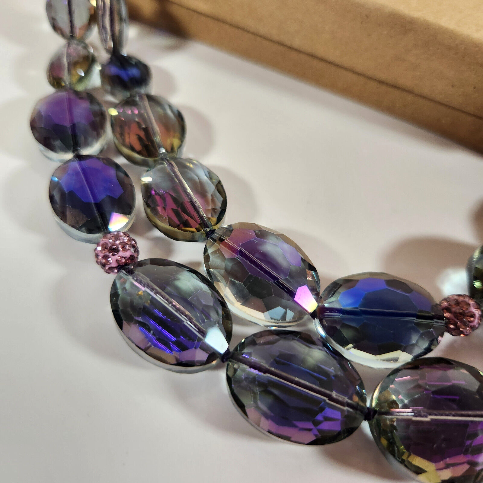 Beaded Necklace Clip Earrings Purple Blue Pink Iridescent Smoky Special Occasion