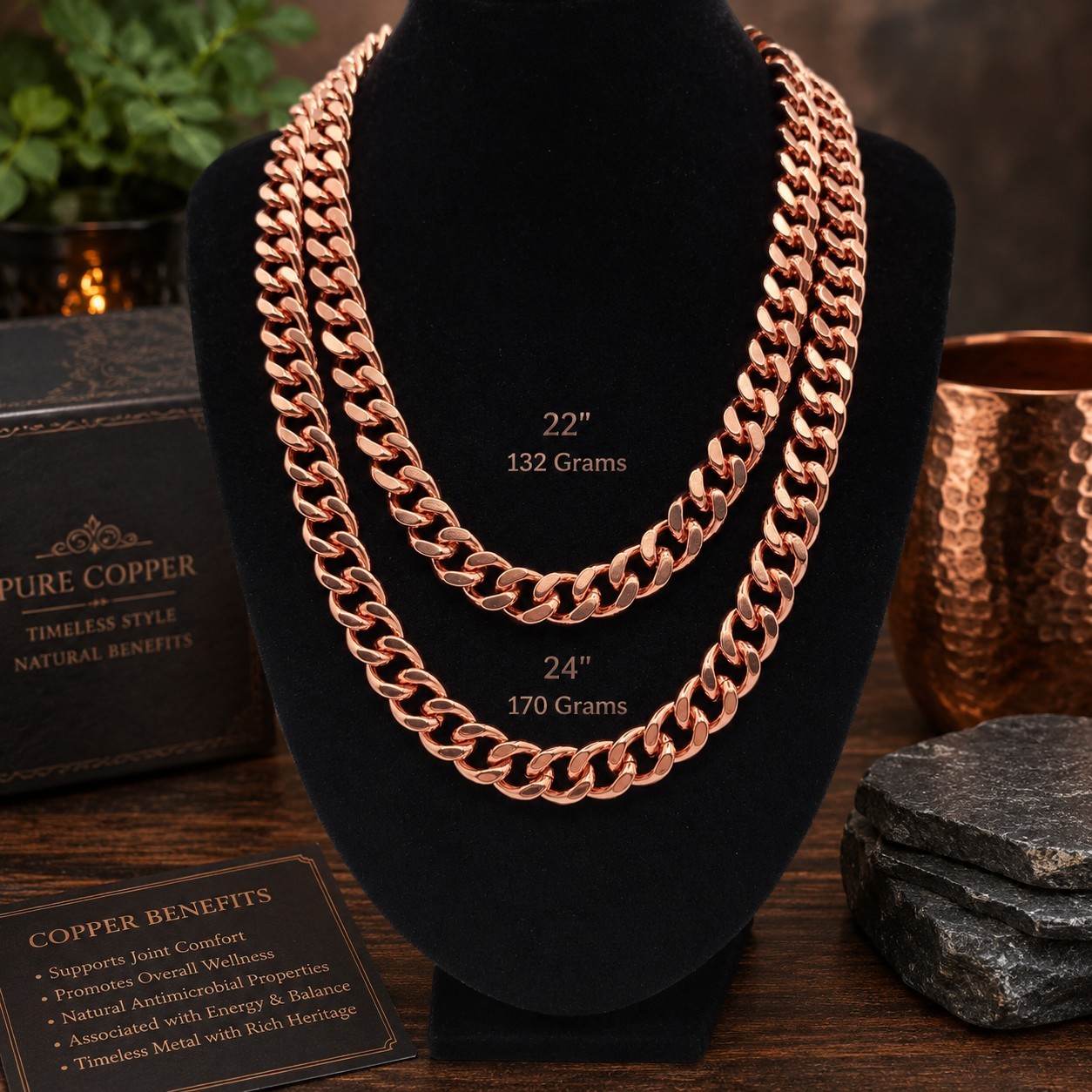 Pure Copper Cuban Chain Necklace – 12 mm Heavy Cuban Link Chain 22″-24″