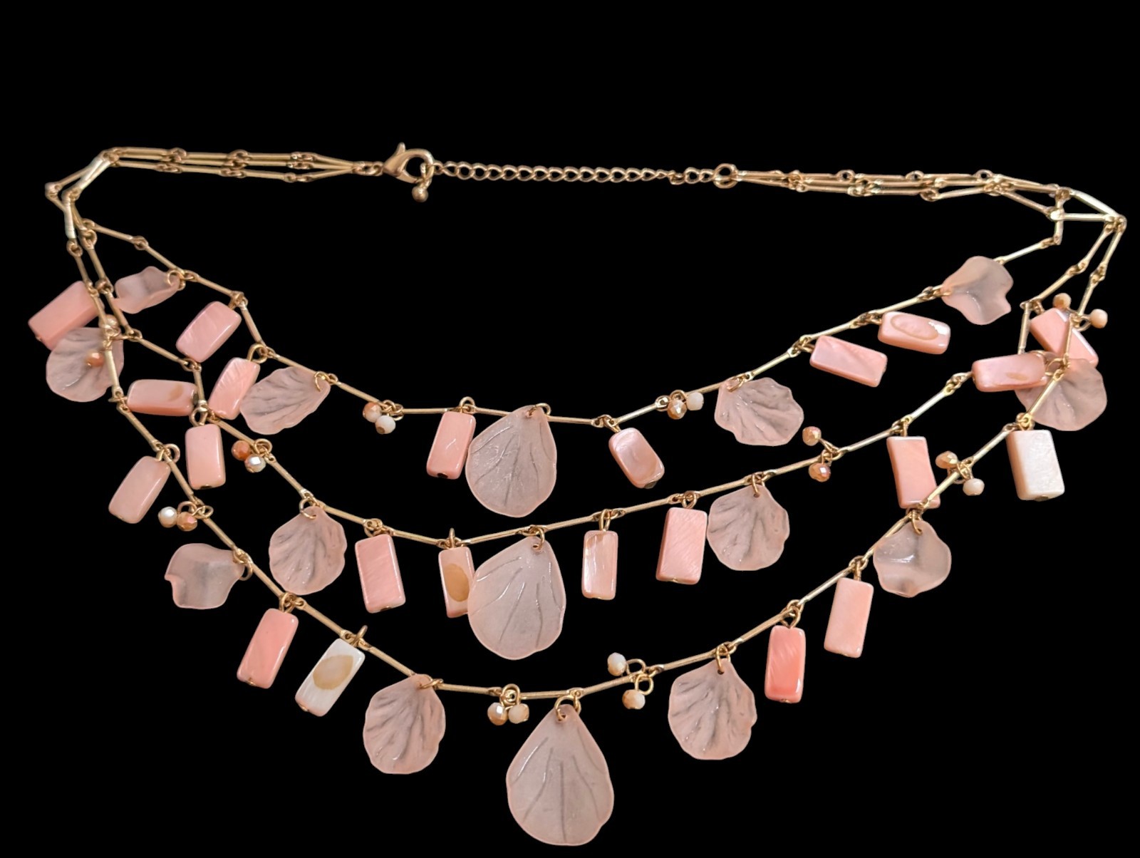 Multi Strand Pink Petal Shell Cascade Necklace Gold Tone Layered Waterfall Bib